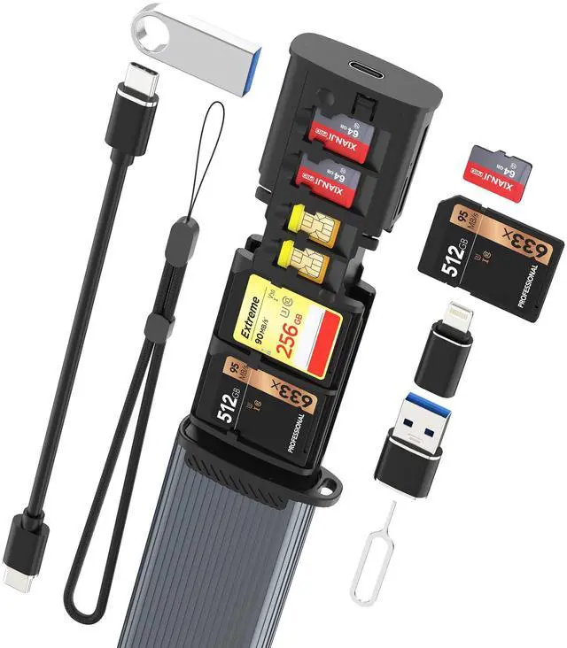 Main image of 9-in-1 SD/TF Card Reader and Storage Case with USB-C Cable & Lighting/USB A Adapter - Portable Memory Card Holder for Cameras, Phones, Computers, and Drones, Includes LED Light