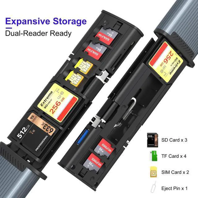 Alt view image 2 of 5 - 9-in-1 SD/TF Card Reader and Storage Case with USB-C Cable & Lighting/USB A Adapter - Portable Memory Card Holder for Cameras, Phones, Computers, and Drones, Includes LED Light