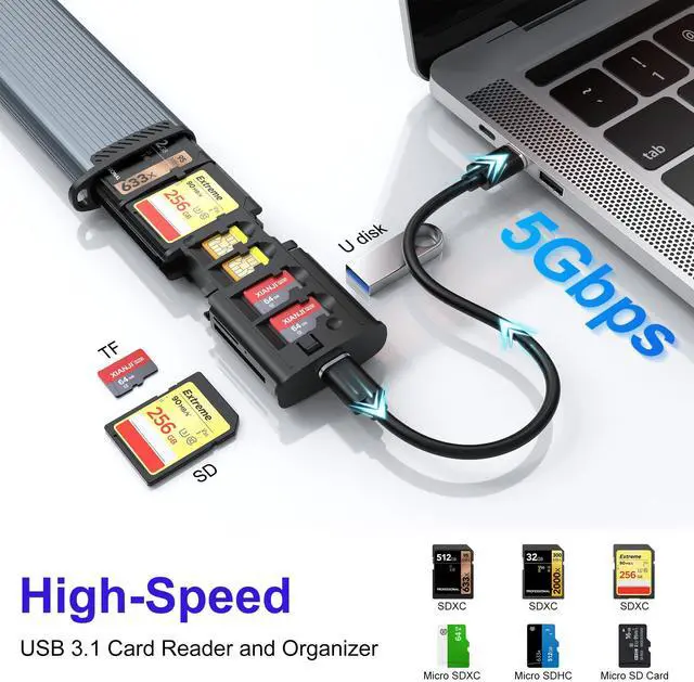 Alt view image 3 of 5 - 9-in-1 SD/TF Card Reader and Storage Case with USB-C Cable & Lighting/USB A Adapter - Portable Memory Card Holder for Cameras, Phones, Computers, and Drones, Includes LED Light