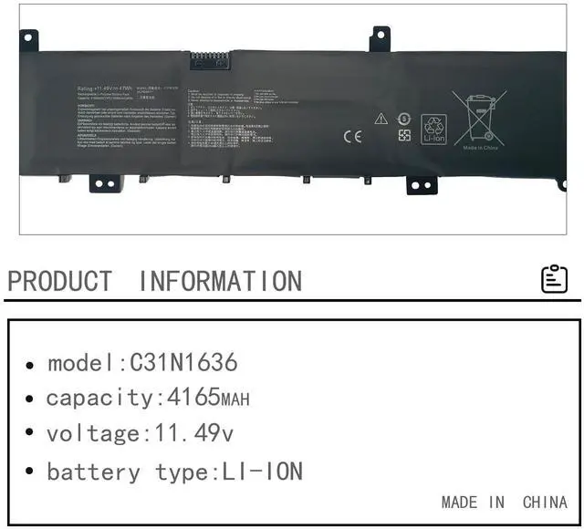 Alt view image 2 of 5 - C31N1636 0B200-02580100 0B200-02580000 0B200-02580200 Laptop Battery Replacement for Asus VivoBook Pro 15 N580V N580VN NX580VD NX580VD7300 NX580VD7700 Series Notebook(11.49V 47Wh 4165mAh)