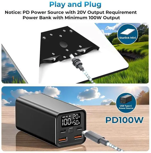 Alt view image 2 of 5 - Golured Starlink Mini Cable 9.8FT, Starlink Mini USB C to DC Power Cable, Compatible with 100W+ Power Bank and PD Charger(9.8FT/3M) (9.6FT/2.8M)