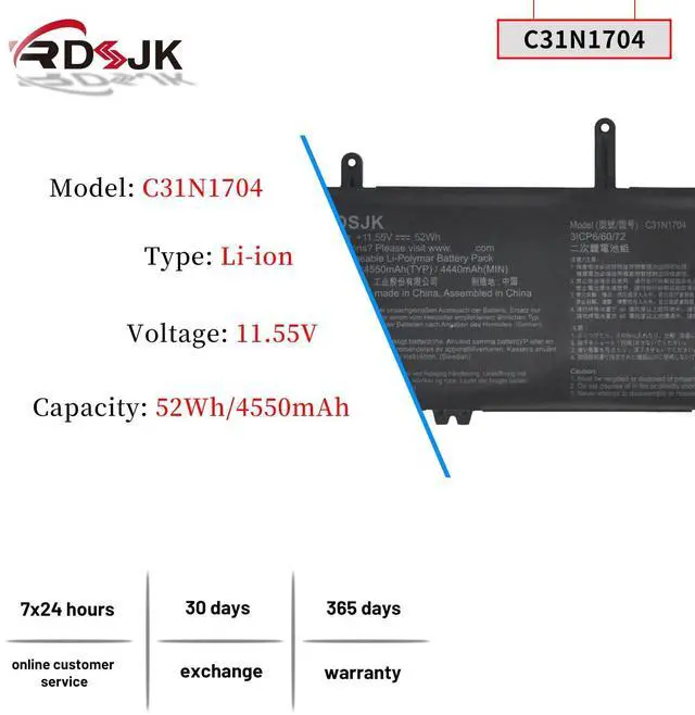 Alt view image 2 of 5 - C31N1704 Laptop Battery for Asus ZenBook Flip 15 UX561UD UX561UD-1A UX561UD-BO004T UX561UD-BO005R UX561UD-E2026R UX561UD-BO027R Q535U Q535UD Q535UD-BI7T11 Series 0B200-02650000 3ICP6/60/72 11.55V 52Wh