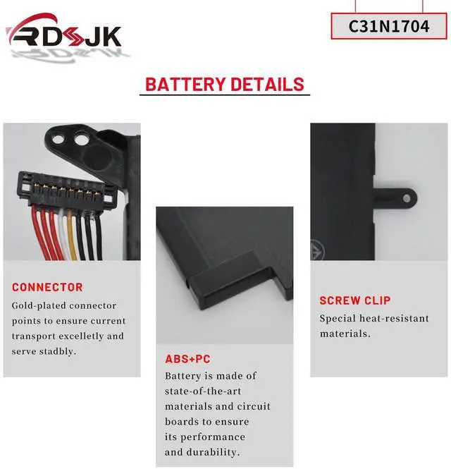 Alt view image 5 of 5 - C31N1704 Laptop Battery for Asus ZenBook Flip 15 UX561UD UX561UD-1A UX561UD-BO004T UX561UD-BO005R UX561UD-E2026R UX561UD-BO027R Q535U Q535UD Q535UD-BI7T11 Series 0B200-02650000 3ICP6/60/72 11.55V 52Wh