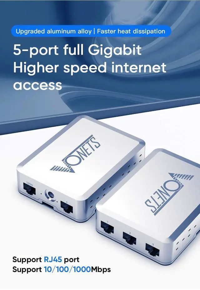 Alt view image 2 of 5 - Vonets VS500 5 Ports Gigabit Industrial Ethernet Switch, RJ45, 4x10/100/1000Mbps + 1 Uplink, Aluminum Alloy Case, Compatible with Camera, Server, Printer, Computer