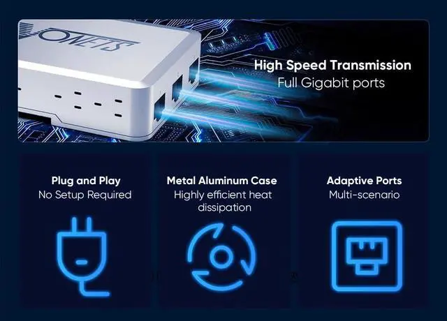 Alt view image 5 of 5 - Vonets VS500 5 Ports Gigabit Industrial Ethernet Switch, RJ45, 4x10/100/1000Mbps + 1 Uplink, Aluminum Alloy Case, Compatible with Camera, Server, Printer, Computer