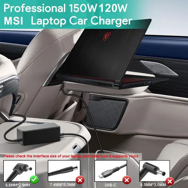 Alt view image 2 of 5 - HKY Laptop Car Charger for MSI Gaming Laptop 180W 150W 120W MSI GF63 GS66 GS65 GE72 GF65 GF75 GS75 GE62 GE70 GF62 GF72 GL62 GL72 GS40 GS43 GS63 GS73 Series 12V-24V Auto Boat Airplane DC Power Adapter