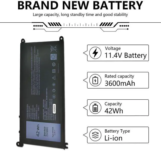 Alt view image 3 of 5 - 3600mAh 42WH WDXOR Laptop Battery for Dell Inspiron Notebook 13 5368 5378 5379 7368 7378 15 5565 5567 5568 5578 7560 7570 7579 7569 17 5765 5767 5770 Series WDX0R FC92N 3CRH3 High Performance 11.4V