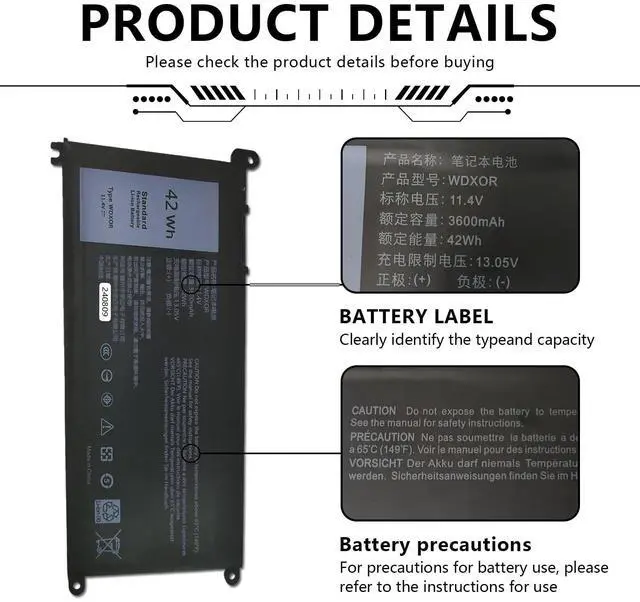 Alt view image 5 of 5 - 3600mAh 42WH WDXOR Laptop Battery for Dell Inspiron Notebook 13 5368 5378 5379 7368 7378 15 5565 5567 5568 5578 7560 7570 7579 7569 17 5765 5767 5770 Series WDX0R FC92N 3CRH3 High Performance 11.4V