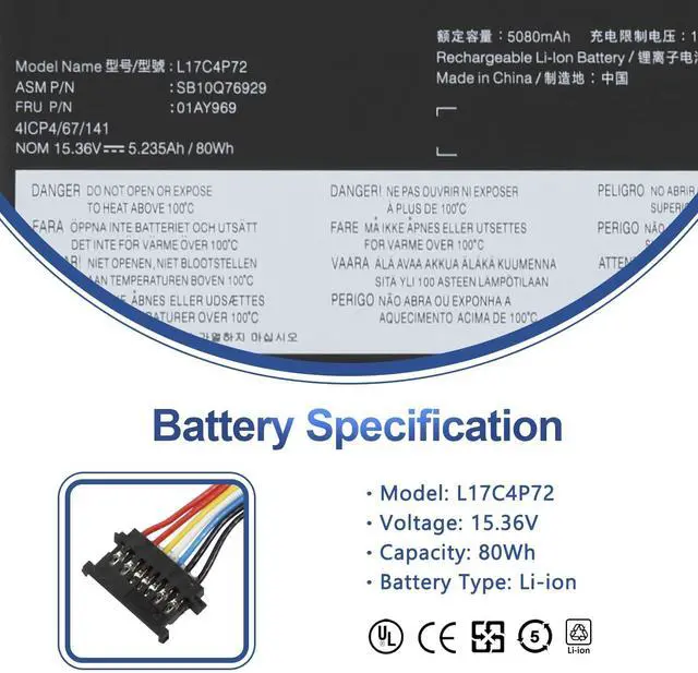 Alt view image 2 of 5 - L17C4P72 80Wh Laptop Battery for Lenovo ThinkPad X1 Extreme 1st Gen/2nd Gen ThinkPad P1 1st Gen/P1 Gen 2 Series L17M4P72 L18M4P71 01AY968 01AY969 01YU911 SB10S57317 SB10Q76929 SB10Q76928 15.36V