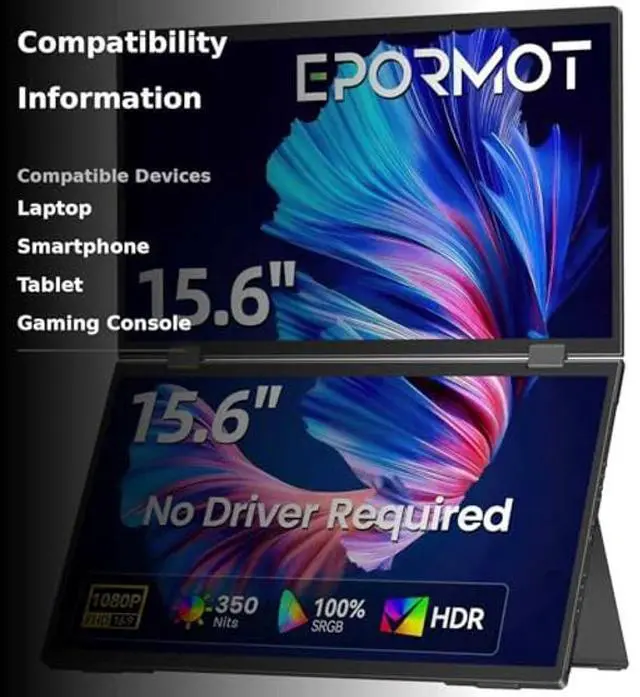Alt view image 3 of 5 - EPORMOT 15.6" Dual-Screen Portable Monitor, 350 Nits 1200:1 FHD IPS Seamless Extended Display, Dual Device Connection, Type-C/HDMI, Anti-Glare Eye Care, 105° Foldable Stand for Work & Travel