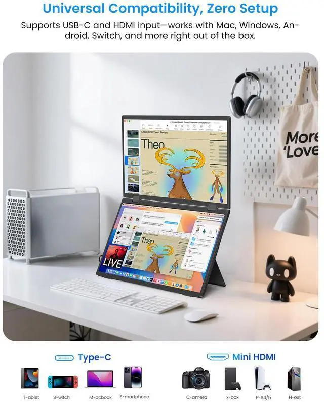 Alt view image 4 of 5 - EPORMOT 15.6" Dual-Screen Portable Monitor, 350 Nits 1200:1 FHD IPS Seamless Extended Display, Dual Device Connection, Type-C/HDMI, Anti-Glare Eye Care, 105° Foldable Stand for Work & Travel