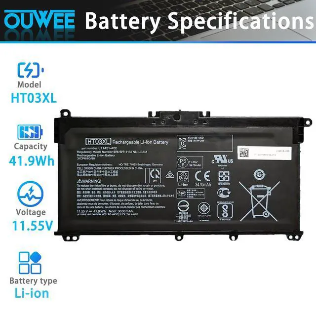 Alt view image 2 of 5 - OUWEE HT03XL Battery for HP L11119-855 Pavilion 15-DA 15-DB 15-DW 15-CS 15-DY 17-by 17-CA 14-CE 14-CF 14-DF 14-DQ 14-DK Series 15-CS0053CL 15-DA0014DX HSTNN-UB7J 11.55V 41.9Wh
