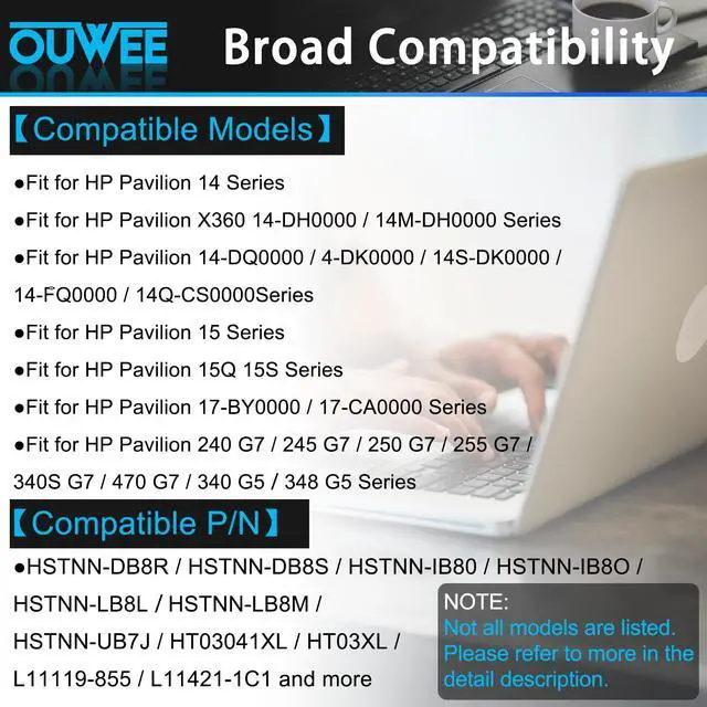 Alt view image 3 of 5 - OUWEE HT03XL Battery for HP L11119-855 Pavilion 15-DA 15-DB 15-DW 15-CS 15-DY 17-by 17-CA 14-CE 14-CF 14-DF 14-DQ 14-DK Series 15-CS0053CL 15-DA0014DX HSTNN-UB7J 11.55V 41.9Wh