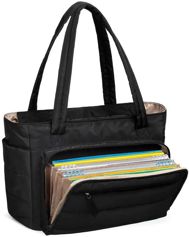 Main image of Yarwo Puffy Teacher Tote Bag for Women, Lightweight Work Bag with Accordion File Organizer Pocket and 15.6 in Laptop Sleeve, Quilted Shoulder Handbag with Cup Holder for College, Office, Daily, Black