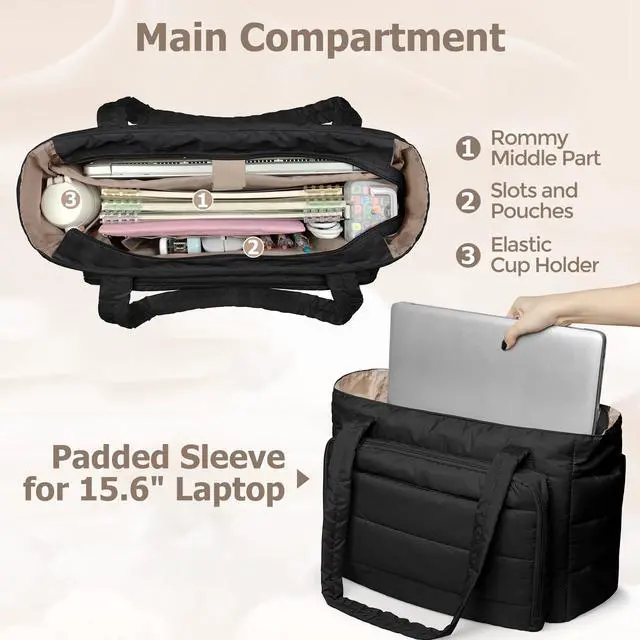 Alt view image 2 of 5 - Yarwo Puffy Teacher Tote Bag for Women, Lightweight Work Bag with Accordion File Organizer Pocket and 15.6 in Laptop Sleeve, Quilted Shoulder Handbag with Cup Holder for College, Office, Daily, Black