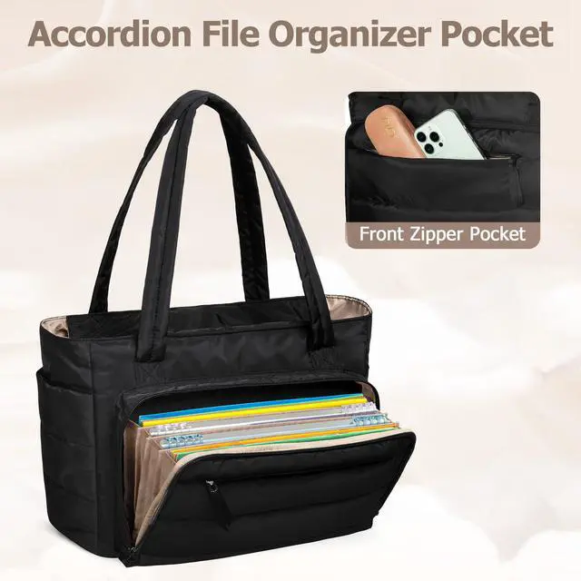Alt view image 3 of 5 - Yarwo Puffy Teacher Tote Bag for Women, Lightweight Work Bag with Accordion File Organizer Pocket and 15.6 in Laptop Sleeve, Quilted Shoulder Handbag with Cup Holder for College, Office, Daily, Black