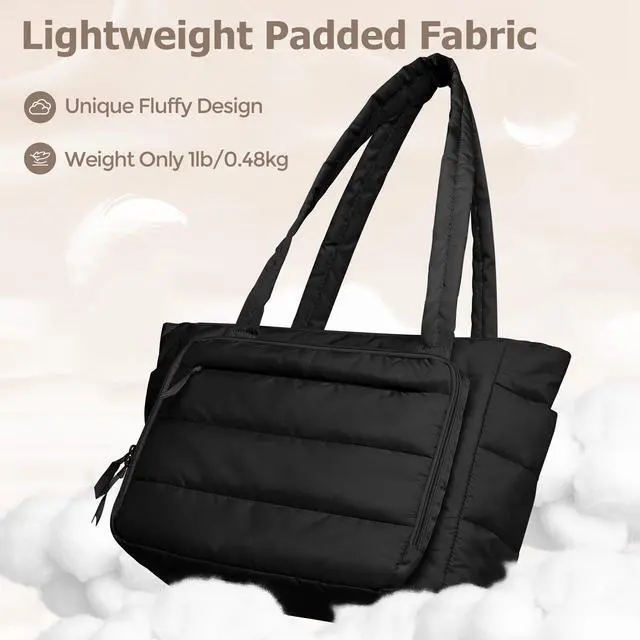 Alt view image 4 of 5 - Yarwo Puffy Teacher Tote Bag for Women, Lightweight Work Bag with Accordion File Organizer Pocket and 15.6 in Laptop Sleeve, Quilted Shoulder Handbag with Cup Holder for College, Office, Daily, Black