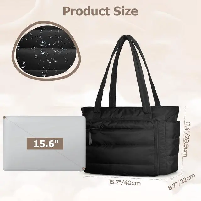 Alt view image 5 of 5 - Yarwo Puffy Teacher Tote Bag for Women, Lightweight Work Bag with Accordion File Organizer Pocket and 15.6 in Laptop Sleeve, Quilted Shoulder Handbag with Cup Holder for College, Office, Daily, Black