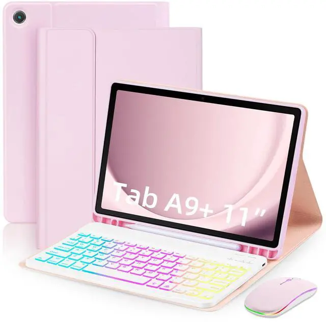 Main image of EAMPANG Case with Keyboard Mouse for Samsung Galaxy Tab A9 Plus 11 inch (SM-X210/X215/X216/X218),7 Color Rainbow Backlight Detachable USB-C Keyboard Magnetic Case with Pen Slot for Tablet A9+ 5G Pink