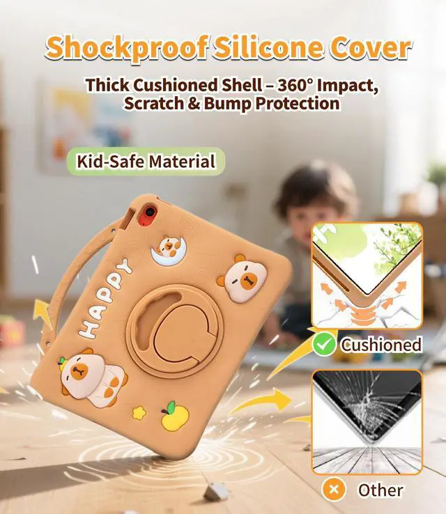 Alt view image 5 of 5 - YOUSIDUN for iPad mini 7 A17 Pro Case - for iPad mini 6th Generation Case-3D Cute Silicone Cover for Girls Teens with 360° Rotating Stand, Adjustable Strap, Pencil Holder-Brown