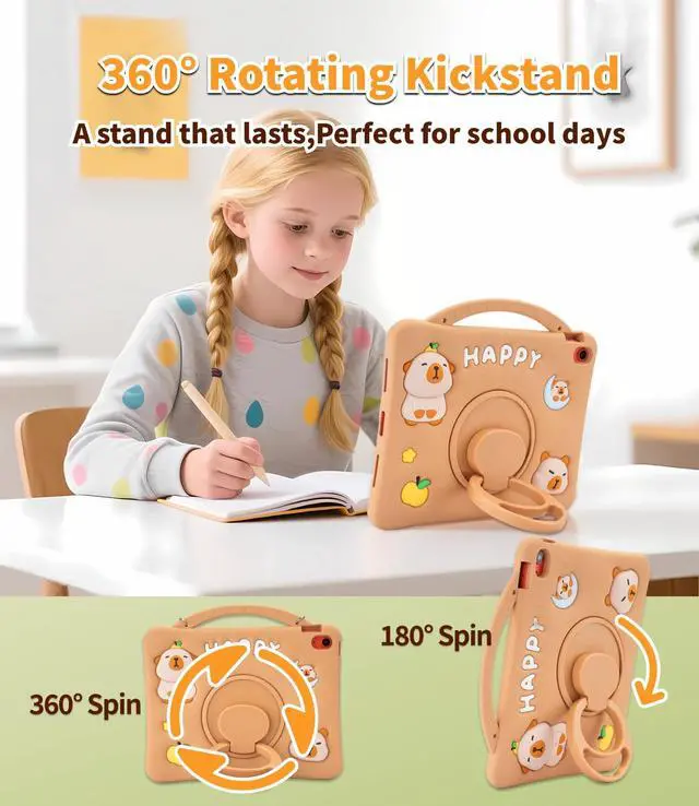 Alt view image 3 of 5 - YOUSIDUN for iPad mini 7 A17 Pro Case - for iPad mini 6th Generation Case-3D Cute Silicone Cover for Girls Teens with 360° Rotating Stand, Adjustable Strap, Pencil Holder-Brown