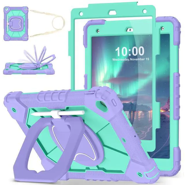 Main image of WESOROL Case for iPad 9th/8th/7th Generation 10.2 Inch iPad 9th Generation Case with Screen Protector Rotating Stand Pencil Holder Heavy Duty Shockproof Cover for 9th Gen iPad Case Kids,Purple Green