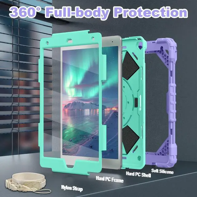 Alt view image 2 of 5 - WESOROL Case for iPad 9th/8th/7th Generation 10.2 Inch iPad 9th Generation Case with Screen Protector Rotating Stand Pencil Holder Heavy Duty Shockproof Cover for 9th Gen iPad Case Kids,Purple Green