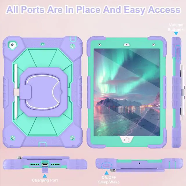 Alt view image 5 of 5 - WESOROL Case for iPad 9th/8th/7th Generation 10.2 Inch iPad 9th Generation Case with Screen Protector Rotating Stand Pencil Holder Heavy Duty Shockproof Cover for 9th Gen iPad Case Kids,Purple Green