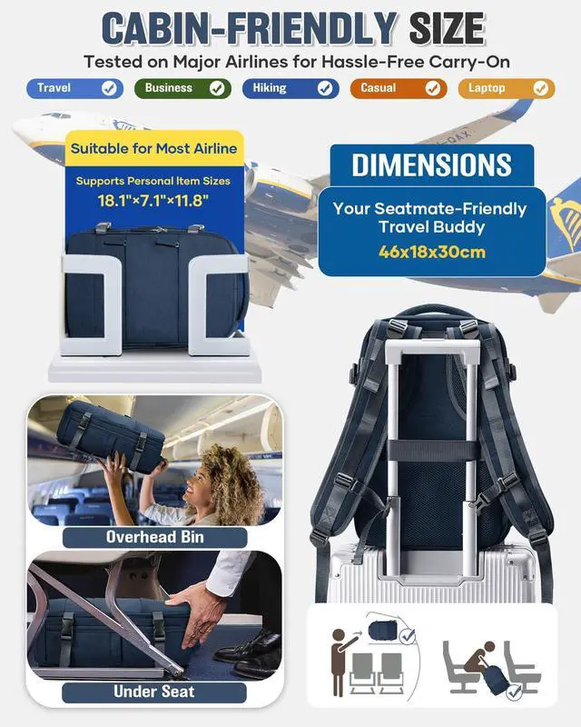 Alt view image 2 of 5 - WEPLAN Vacuum Backpack Travel with Pump,Travel Backpack with Vacuum System, Shoe Compartment,Flight Approved 18x14x8 inches,Carry on Personal item Laptop Work Backpacks,Sapphire Blue