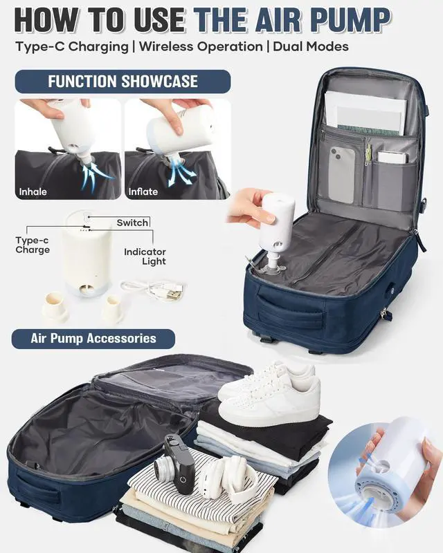 Alt view image 4 of 5 - WEPLAN Vacuum Backpack Travel with Pump,Travel Backpack with Vacuum System, Shoe Compartment,Flight Approved 18x14x8 inches,Carry on Personal item Laptop Work Backpacks,Sapphire Blue