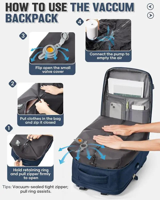 Alt view image 5 of 5 - WEPLAN Vacuum Backpack Travel with Pump,Travel Backpack with Vacuum System, Shoe Compartment,Flight Approved 18x14x8 inches,Carry on Personal item Laptop Work Backpacks,Sapphire Blue