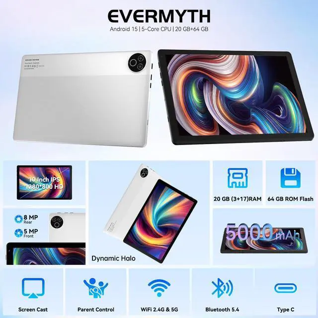 Alt view image 2 of 5 - Tablet 10 Inch Android 15 OS GMS Certified Tablets PC 1.8 GHz 5-Core 20 (3+17) GB RAM 64 GB ROM 1 TB Expandable 1280x800 HD IPS Touch Screen 5000 mAh WiFi 6 Bluetooth 5.4 Dual Camera 2025 (White)