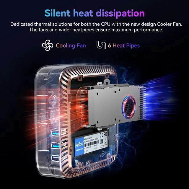 Alt view image 3 of 5 - Blackview MP60 Mini PC with 3-Year Warranty, Intel N150, 16GB DDR4 1TB SSD, W-11 Pro Ultra Compact Tiny Desktop Computer for Home Office Business, Dual HDMI 4K, Wi-Fi 5, Big Fan, LED Light