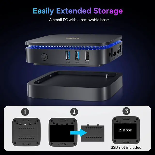 Alt view image 4 of 5 - Blackview MP60 Mini PC with 3-Year Warranty, Intel N150, 16GB DDR4 1TB SSD, W-11 Pro Ultra Compact Tiny Desktop Computer for Home Office Business, Dual HDMI 4K, Wi-Fi 5, Big Fan, LED Light