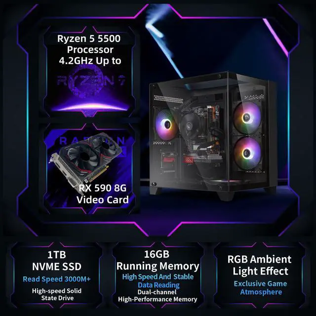 Alt view image 2 of 5 - ZER-LON Prebuilt Gaming PC Desktop, Radeon RX 590 8GB GDDR5, AMD Ryzen 5 5500 up to 4.2GHz, 16G RAM, 1TB NVME SSD, WiFi 5.0, RGB Fan x4