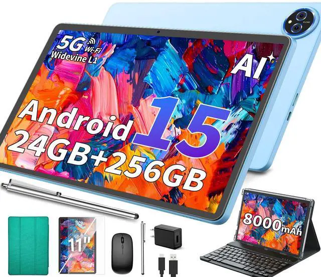 Main image of 11 Inch Tablet Android 15 Tablet, 2025 Tablets with keyboard, 24GB+256GB+2TB Expand, 2 in 1 Tablets with Case Mouse Stylus, 8000mAh Battery, Octa-Core, Supports Widevine L1, 5G WiFi, GPS (Green Case)