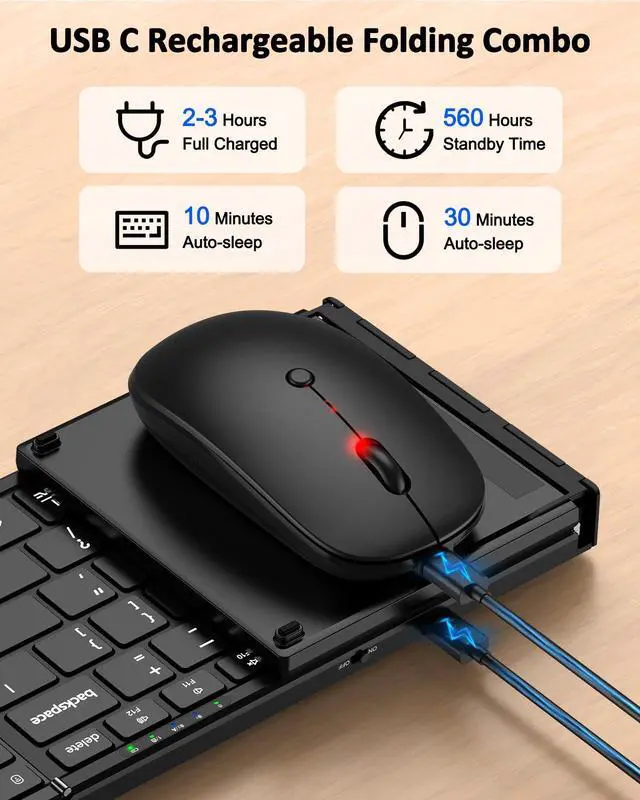 Alt view image 4 of 5 - Foldable Keyboard and Mouse, Folding Bluetooth Keyboard Mouse Combo, 2.4G Wireless + Bluetooth5.1 x 2, Portable Wireless Rechargeable Travel Keyboard Mouse for Windows Android MacOS iOS