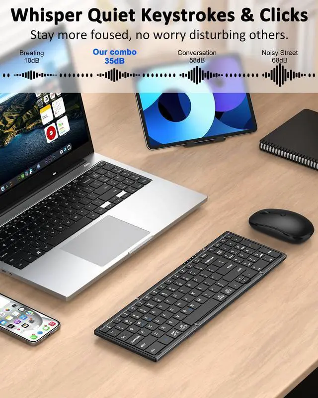Alt view image 5 of 5 - Foldable Keyboard and Mouse, Folding Bluetooth Keyboard Mouse Combo, 2.4G Wireless + Bluetooth5.1 x 2, Portable Wireless Rechargeable Travel Keyboard Mouse for Windows Android MacOS iOS