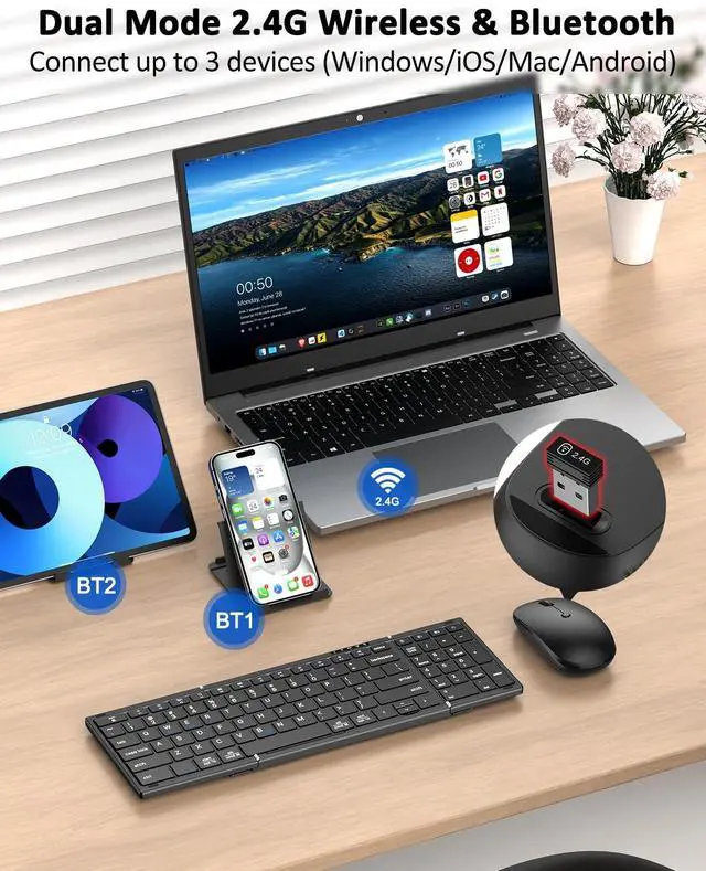 Alt view image 3 of 5 - Foldable Keyboard and Mouse, Folding Bluetooth Keyboard Mouse Combo, 2.4G Wireless + Bluetooth5.1 x 2, Portable Wireless Rechargeable Travel Keyboard Mouse for Windows Android MacOS iOS