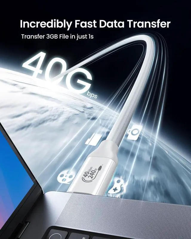 Alt view image 2 of 5 - Silkland USB 4 Cable for Thunderbolt 4 [5FT/1.5M], 40Gbps Data Sync, 8K/5K@60Hz, 240W Fast Charging, USB C Thunderbolt Cable, Compatible for MacBook, iPhone 16, iPad, SSD, Docking, eGPU, White