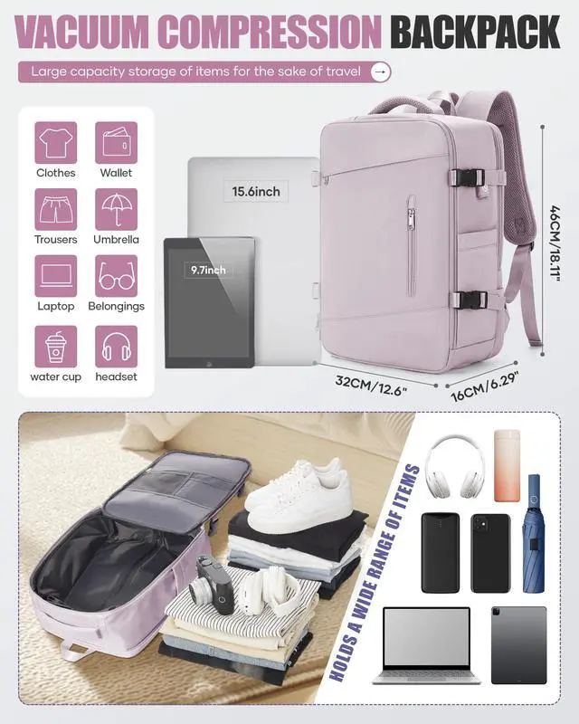 Alt view image 2 of 5 - Travel Vacuum Backpack Airback Vacpack Seal Packing Backpack with Pump Storage Vacuum Compression Seal Bags Carrry on Flight Approved Personal Item Compression Laptop Work Back Pack Pink