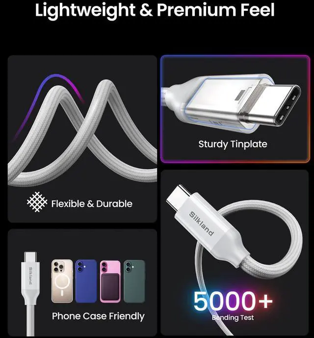 Alt view image 4 of 5 - Silkland USB 4 Cable for Thunderbolt 4 [5FT/1.5M], 40Gbps Data Sync, 8K/5K@60Hz, 240W Fast Charging, USB C Thunderbolt Cable, Compatible for MacBook, iPhone 16, iPad, SSD, Docking, eGPU, White