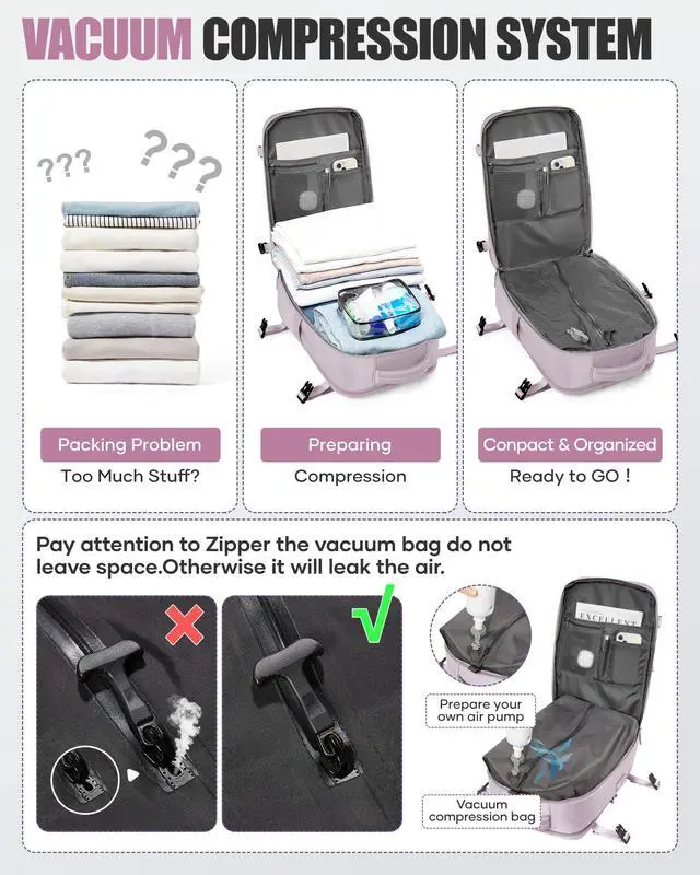 Alt view image 5 of 5 - Travel Vacuum Backpack Airback Vacpack Seal Packing Backpack with Pump Storage Vacuum Compression Seal Bags Carrry on Flight Approved Personal Item Compression Laptop Work Back Pack Pink