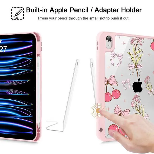 Alt view image 4 of 5 - Tuiklol Clear Case for iPad mini 7 (A17 Pro 7th Generation) 2024 / iPad mini 6 (6th Generation) 2021 8.3 Inch,Built-in Pencil Holder Slim Transparent Back Shell Cover Auto Wake/Sleep, Cherry Bow-Pink