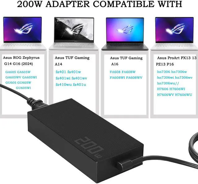 Alt view image 3 of 5 - New 200W Adapter fit for Asus ROG Zephyrus/TUF G16 G14 A16 A14 (2024 2025) GA605 GU605 GA605WV GA605WI GA403 FA401U FA401 FA401W Asus ProArt PX13 P16 hn7306 H7606 ADP-200JB K Gaming Laptop Charger