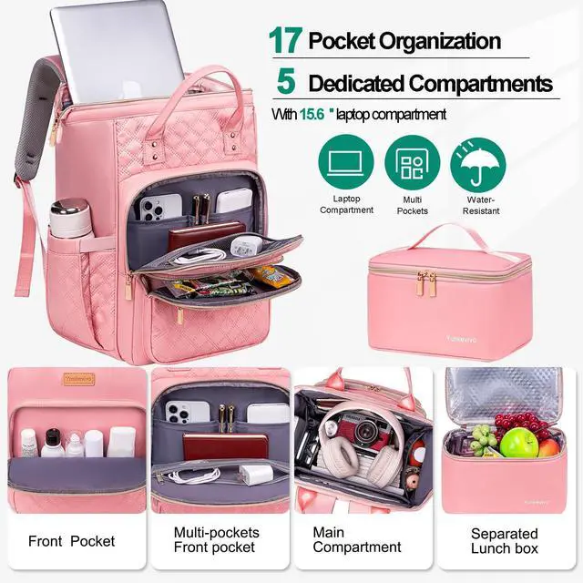Alt view image 2 of 5 - Yunkevivo Lunch Backpack for Women, 15.6 Inch Laptop Backpack for Womens Stylish Nurse, Teacher Work Back pack with Lunch Box Insulated Backpacks Cooler for Women Men Travel Camping Picnics