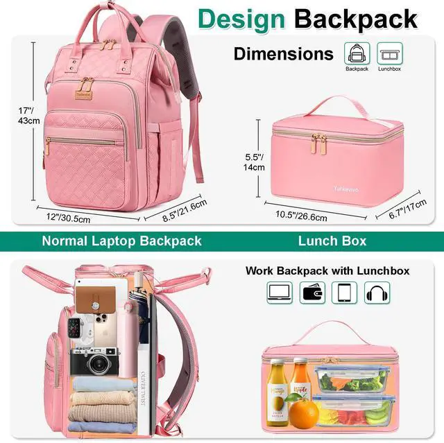 Alt view image 4 of 5 - Yunkevivo Lunch Backpack for Women, 15.6 Inch Laptop Backpack for Womens Stylish Nurse, Teacher Work Back pack with Lunch Box Insulated Backpacks Cooler for Women Men Travel Camping Picnics