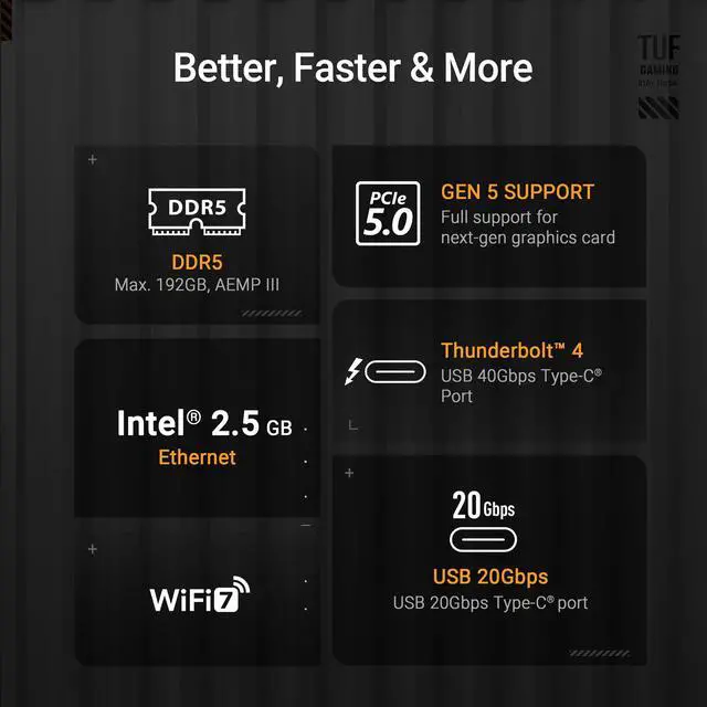 Alt view image 5 of 5 - ASUS TUF Gaming Z890-PLUS WiFi Z890 LGA 1851 ATX Motherboard, Intel® Core Ultra Series 2 Ready, Advanced AI PC-Ready, 16+1+2+1 Stages, DDR5, PCIe® 5.0, Thunderbolt 4 Type-C®, 4X M.2, Wi-Fi 7, 2.5Gb