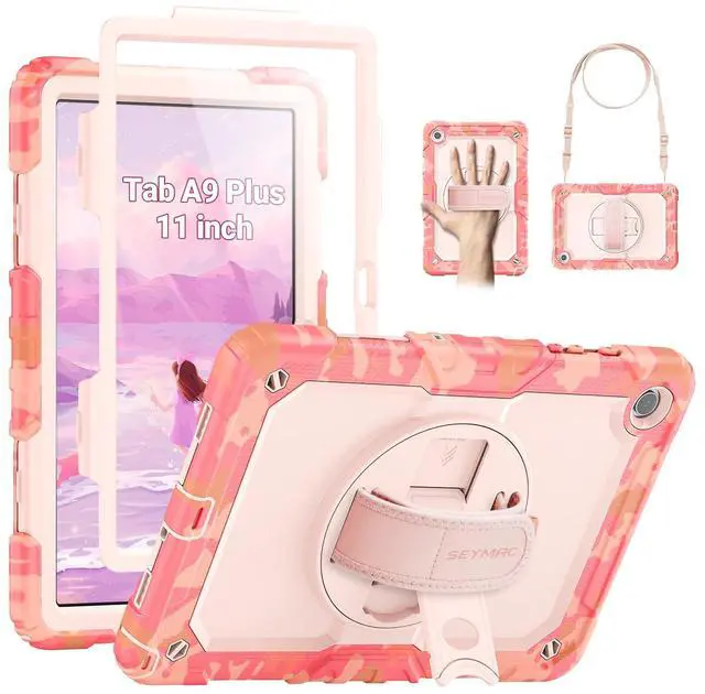 Main image of SEYMAC Case for Samsung Galaxy Tab A9+/ A9 Plus 11" (SM-X210/X216/X218), Heavy Duty Shockproof Protective Case with Screen Protector, Rotating Stand, Hand/Shoulder Strap, Multicolor/Pink