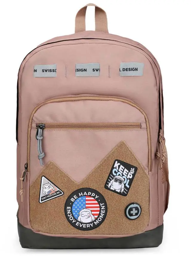 Main image of Swissdigital Design Cool Backpack, Stylish School Laptop Backpack with Fun Personalized Patches Fits 16 Inch Notebook, Travel Bag Pefect for Boys & Girls, Mocha Brown| BERIKON - Includes 3 Patches